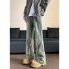 Primavera y Otoño Nuevo Diseño Retro Patrón de Rayo Lavado Desgastado Jeans Unisex Pantalones Lavados Acampanados de Moda