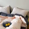 Juego de cuatro piezas de algodón puro lavado de dos tonos de color sólido minimalista y elegante, juego de tres piezas de funda de edredón 100% algodón, sábana de una pieza estilo 4