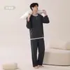 Algodón LyocellPijama para Hombre Primavera y Otoño Manga Larga Pantalón Largo Conjunto Casual Sencillo Se Puede Usar Fuera de Casa Ropa de Hogar Invierno