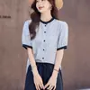 Camisa Feminina de Manga Curta com Bolinhas Retro Francesa Verão 2026 Nova Leve Gola Redonda Top para o Trabalho Pequeno Color Block