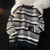 Suéter Gola Careca Listrado para Homens, Design Outono e Inverno, Pulôver Estilo Japonês Tricô para Casal, Suéter Básico Solto Tendência