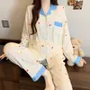 Pijama de Luxo Leve Feminino Primavera Tecido Amassado Manga Longa Calça Fina Doce Bolinhas Conjunto Roupa de Fora Roupas de Casa Atacado