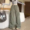 Calça de trabalho retro americana para mulheres, calça casual estilo dopamina nova para primavera e outono, corte solto com bolsos grandes, calça longa de perna larga
