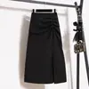 Falda negra para mujer, de alta calidad, con drapeado y abertura, falda midi, primavera y otoño 2024, Nueva, de cintura alta, entallada, falda de un solo paso