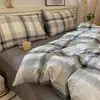 Juego de Ropa de Cama de Cuatro Piezas Estilo Japonés Gris-Marrón Cuadros Grandes Algodón Lavado Colores Contrastantes Agradable al Tacto Suave Estilo Muji Dormitorio Estudiantil Ropa de Cama para Todas las Estaciones