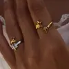 Anel Jingqiao de Aço Titânio Não Desbota Design Nicho Feminino Aço Inoxidável Dourado 18K Estrela Lua Aberto Joia para Mulheres