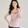 26 Primavera Novo Estilo Ombro a Ombro Manga Longa Tricô Elegante Petite Camisa Base Top para Mulheres 22651