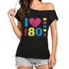 Europa y Estados Unidos Amazon transfronterizo I Love The 80's cuello oblicuo hombros descubiertos sexy irregular manga corta camiseta mujer