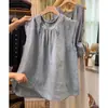Camiseta Casual de Verão 2026 Novo Estilo com Gola Redonda e Manga Flare para Mulheres, Top Casual Retrô Artístico com Manga Curta Larga e Detalhe em Renda