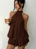 Vestido europeo y americano transfronterizo para mujer, cuello halter, cuello alto, dobladillo con volantes, sin mangas, hombros descubiertos, holgado, estilo dulce y fresco