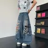 Nuevos Jeans de Pierna Ancha con Diseño de Estampado de Letras Transfronterizo para Primavera/Verano para Hombres y Mujeres, Pantalones Casuales Sueltos Irregulares Rasgados