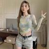 Ropa con Estampado Tie-dye Protectora del Sol para Mujer Verano Malla Transpirable Sensación Fresca Seda de Hielo Delgado Sexy Chica Caliente Camiseta de Manga Larga Top