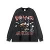 Camiseta de manga comprida lavada angustiada com estampa de caveira escura de rua europeia e americana para homens e mulheres Rap Hip Hop camiseta de base transfronteiriça