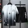 Camiseta Masculina de Manga Curta Marca Fashionável Seda de Gelo ins2024 Verão Estilo Coreano Fashionável Camiseta de Meia-manga Degradê Roupas Casuais