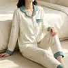 Pijama de Algodão Imitado para Mulheres, Manga Longa e Calça Longa, Cardigã para Primavera e Outono, Estilo Casual Simples de Alta Qualidade, Conjunto de Pijama Plus Size para Mulheres