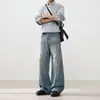 Jeans Casuales de Pierna Ancha Sueltos de Talla Grande Rectos Largos para Hombre, Estilo Coreano de Verano Nuevo, Lavado Agrietado Desgastado de Moda