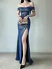 Vestido de noche azul con lentejuelas, de hombros descubiertos para mujer, con abertura y cola de pez, elegante vestido largo para anfitrionas de banquetes