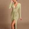 Moda Transfronteriza Europea y Americana Elegante Vestido Largo de Manga Larga con Abertura y Corte Slim de Cuello en V para Mujer