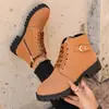 Nuevas botas cortas de tacón grueso para otoño e invierno, botas de mujer con cordones y punta redonda, botas cortas de tacón alto grueso de material gamuza