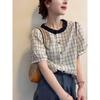 (Algodón) Camisa a Cuadros de Color Contrastante con Cuello de Muñeca para Mujer Estilo Europeo Moda Femenina Verano 2026 Camiseta Elegante de Manga Corta A4012