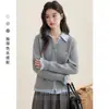 Cardigan de Punto de Dos Piezas Falsas de Nuevo Estilo para Primavera y Otoño 2026, Bloque de Color, Cuello Solapa, Chaqueta Suéter de Abrigo Bordado de Corte Holgado para Mujer