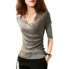 Ropa Nueva para Mujer 2025 Primavera y Verano Tops de Cuello en V Tejidos Asimétricos Camisetas de Manga Corta Europeas Ajustadas y de Moda
