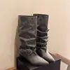 Botas de cuero de punta gruesa para mujer, con diseño consciente, elegantes, adelgazantes, moda francesa, hebilla, sexys, hermosas, hasta la rodilla