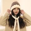 Pasamontañas Estilo Fair Isle Gorro Tejido para Mujer Invierno Bolsa Doble Uso Caliente Felpa Pelo Lana Gorro