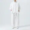 Traje Casual Deportivo de Algodón y Lino para Hombre Estilo Chino Verano 2026, Absorbente de Sudor y Transpirable, Estilo Japonés, Talla Grande, Conjunto Holgado de Dos Piezas