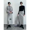 Estilo Chinês Suave Jiang Yan Mesmo Estilo Lã Novo Estilo Chinês Casaco de Lã Dupla Face Bloco de Cor Bainha Dividida Reta Conjunto Feminino