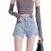 Shorts de Mezclilla para Mujer Verano Cintura Alta Diseño de Agujeros de Nicho Marca de Cuero Pantalones Calientes ins High Street de Moda Pantalones de Pierna Ancha A-Line con Piel