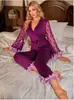 2025 Novo Conjunto de Lazer para Casa Sexy Renda Coração Manga Sino Conjunto Pijama Calça Roupa de Casa Casa
