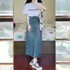 Falda de Mezclilla Vintage Azul de Cintura Alta Adelgazante con Abertura Frontal para Mujer, Primavera y Verano, Longitud Media, Línea A, Versátil, Suelta en la Cadera
