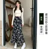 Falda Larga de Gasa Floral Estilo Cola de Pescado para Mujer, Nuevo Estilo Primavera y Verano, Cintura Alta, Adelgazante, Larga, Elegante, Ceñida a la Cadera, Falda de Corte A