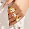 Joyería Estilo Europeo y Americano Concha Geométrica Perla Circonita Juego de Anillos Abiertos Ins Exagerado Accesorios para Manos de Celebridad de Internet para Mujeres Acero Inoxidable Oro de 18K
