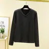 Camiseta Básica de Terciopelo Doble Cara Nueva Escote en V Fondo Irregular Adelgazante Manga Larga Lijado Cálida Color Sólido Corte Ajustado Camiseta Interior