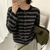 Elegante cárdigan de punto a rayas color block para mujer, diseño europeo otoño/invierno, corte holgado, suéter abrigo versátil y suave