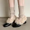 Versão em couro de vaca tamanho pequeno salto grosso bico quadrado sapatos peludos inverno Mary Jane sapatos pequenos de couro com veludo quente botas de neve