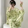 Conjunto de Pijama Feminino Pulôver Fino de Manga Longa, Pijama Casual de Verão Soltinho Estilo Casa Estilo Nacional, Estilo Respirável