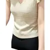 Top de punto de alta gama, impresionante, color avena, escote en V calado, mangas con volantes, para mujer, estilo verano, simple y versátil, top de jersey