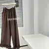 Calça Casual de Renda Relaxada Estilo Francês para Mulheres, Calça Reta Solta Respirável Fina de Verão com Bordas Franzidas, Calça Cropped Wide Leg