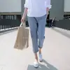Pantalones de maternidad de algodón y lino de cintura alta con soporte para el vientre, estilo zanahoria, holgados, adelgazantes, cropped, casual, tipo harén
