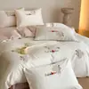 Juego de Cuatro Piezas de Satén de Algodón de Fibra Larga de Alto Hilo, Lujo Ligero, Ropa de Cama de Algodón Puro de Alta Calidad, Tres Fundas de Edredón, Sábana Ajustable 4
