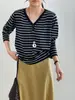 Suéter de Punto a Rayas Cuello en V Estilo Coreano No Devoluble Top Versátil Adelgazante para Mujer Y1494