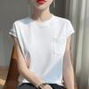Nueva Moda Primavera y Verano Camiseta de Algodón de Manga Corta para Mujer Cuello Redondo Mangas con Bolsillos Tejido de Punto Mismo Estilo Manga Corta