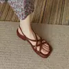 Talla Grande 40414243 Sandalias Marrones Artísticas Retro Punta Abierta Tejidas Huecas Zapatos Romanos Planos Verano Zapatos para Mujer