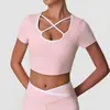 Roupa de Yoga Cor de Verão Color Block Vazado Cropped com Bojo Camiseta Crop Top para Esportes ao Ar Livre Fitness