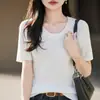 Nova camiseta de verão 100% algodão com gola redonda e listras de manga curta para mulheres, top básico de tricô slim fit estilo coreano moderno para mulheres