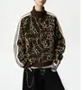 Jaqueta Retro Americana com Gola Alta Estampa de Leopardo para Homens e Mulheres Outono Casual Cardigã com Zíper Moletom Jaqueta Esportiva Listrada Solta