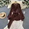 Vestido rosa de estilo coreano para mujer, con mangas tipo linterna para commuting, cinturón de corbata y diseño de línea A, con una falda corta única y elegante